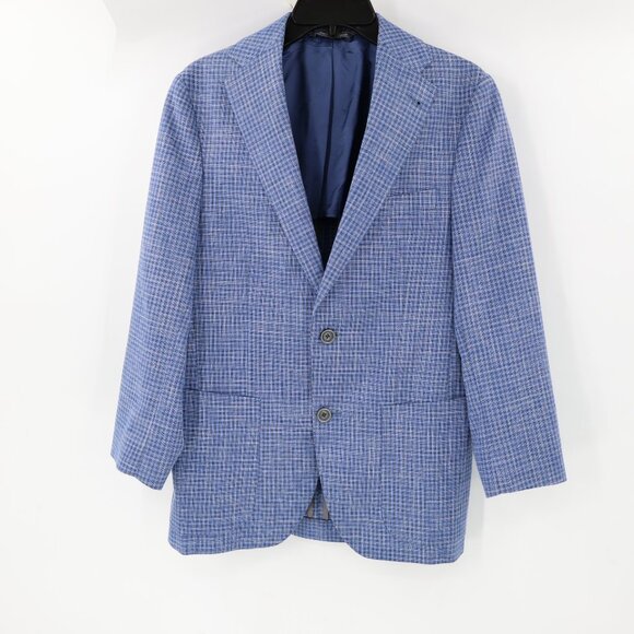 Jack Victor Sport Coat mens 38S Blue Check Wool cotton linen Unconstructed patch
